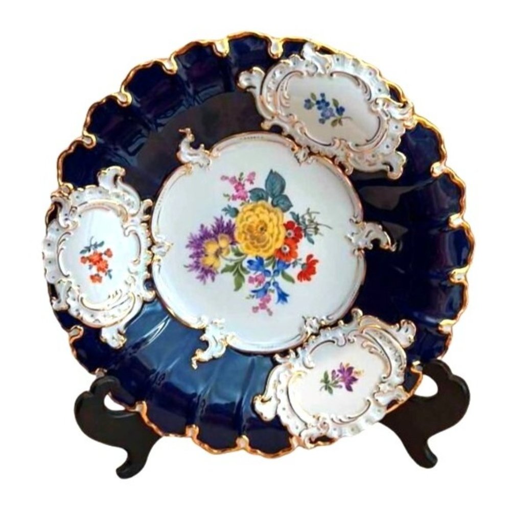 HUGE MEISSEN PORCELAIN B Form Plate Bowl Cobalt Blue Flower 23K Gold Encrusted